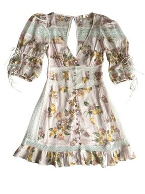 For Love & Lemons Silk Floral Mini Dress - Lace, Buttons, Puff Sleeves - XS